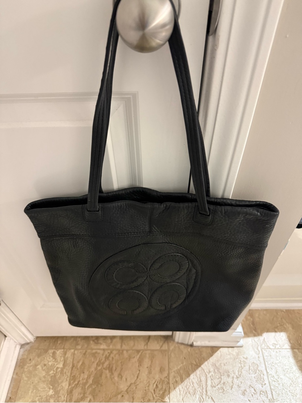 Coach Black  Pebbke Leather Tote Bag with Embossed Logo